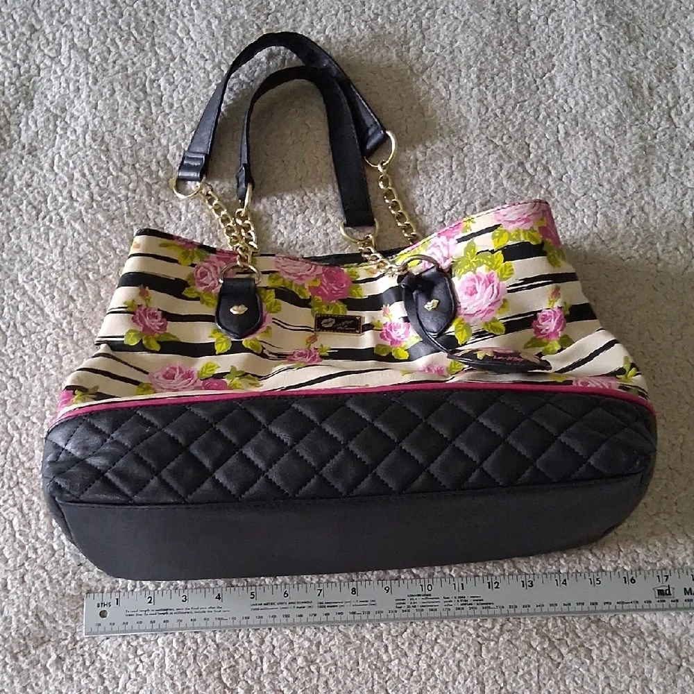 Betsey Johnson Black & Pink Floral Striped Satchel